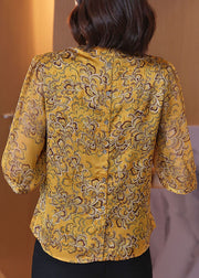 Plus Size Yellow V Neck Ribbon Print Chiffon Shirt Half Sleeve