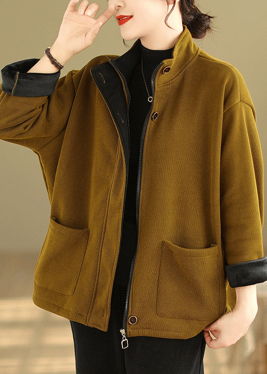 Plus Size Yellow Zip Up Pockets Patchwork Warm Fleece Coat Fall