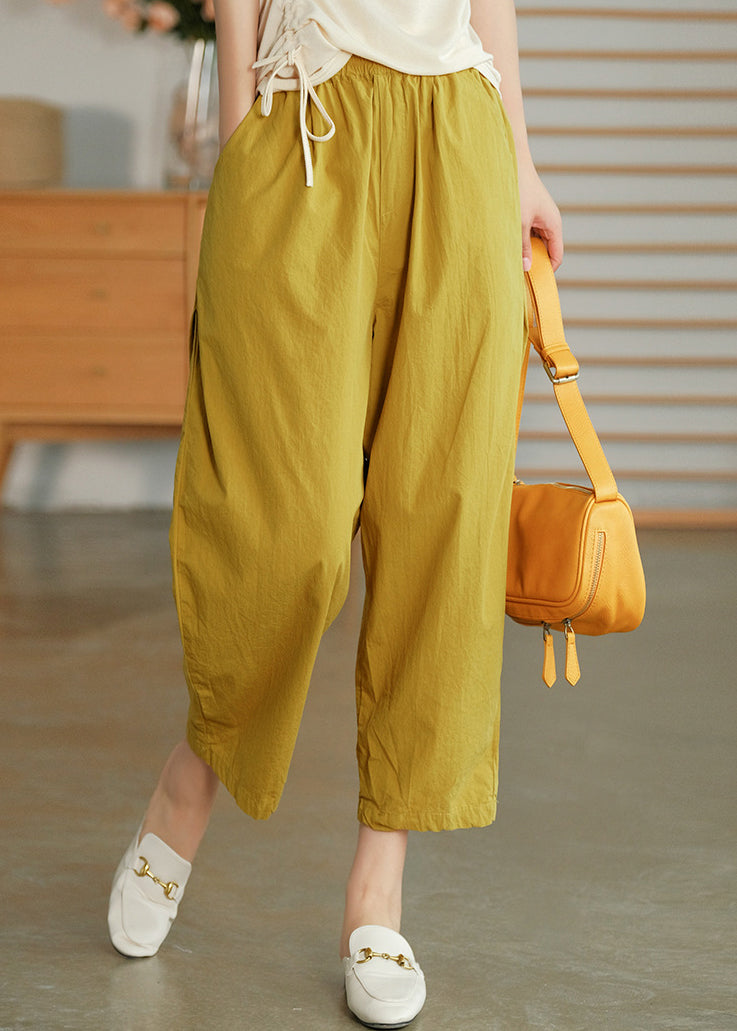 Plus Size Yellow elastic waist Pockets Pants Spring