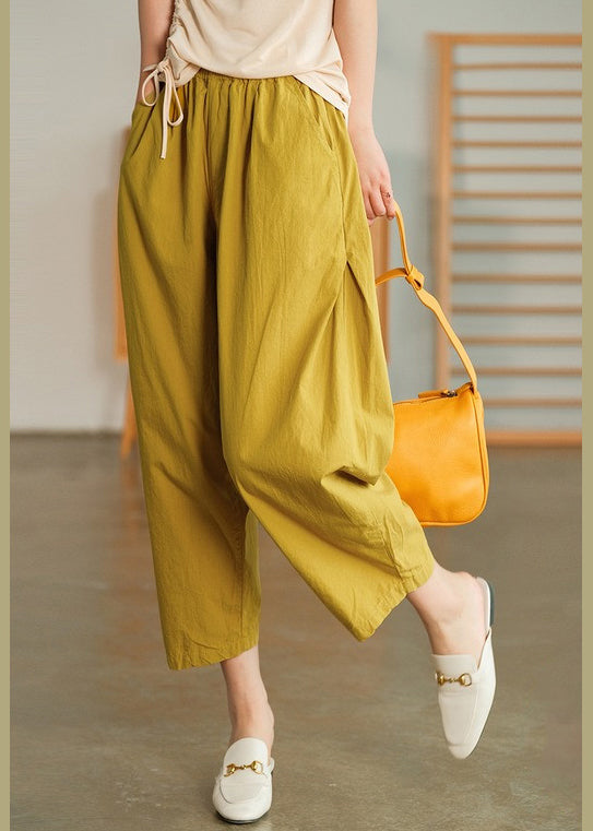 Plus Size Yellow elastic waist Pockets Pants Spring