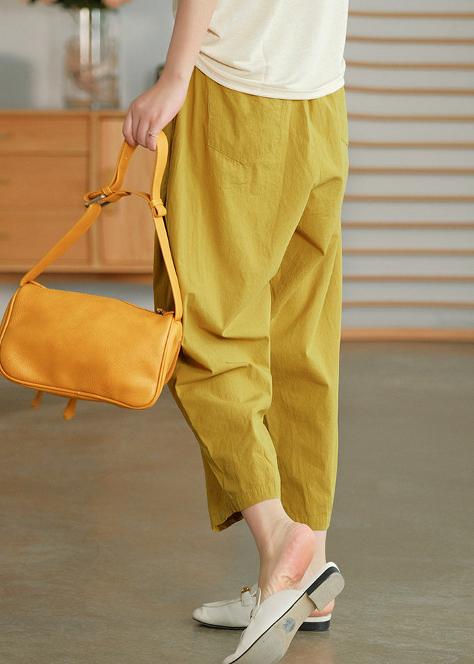 Plus Size Yellow elastic waist Pockets Pants Spring