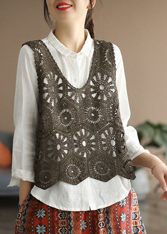 Plus Size Coffee Hollow Out Strickweste ärmellos