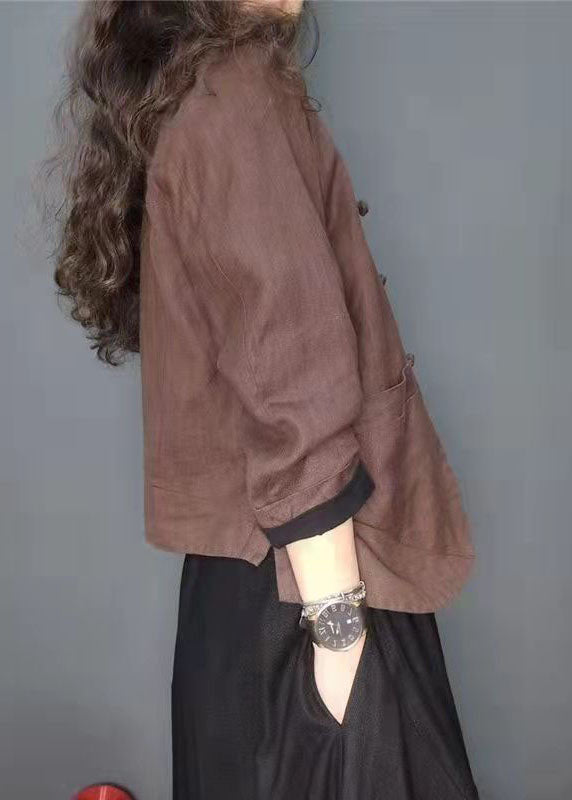 Plus Size Chocolate button pockets V Neck Linen coat Long Sleeve