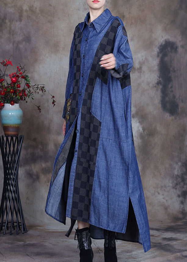 Plus Size denim blue Patchwork Plaid asymmetrical design Fall Coats