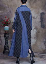 Plus Size denim blue Patchwork Plaid asymmetrical design Fall Coats