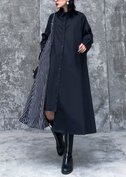 Plus size Black Asymmetrical Striped Patchwork shirt Dresses Spring