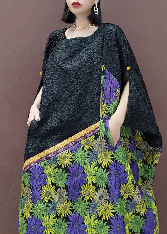 Plus size Black O-Neck Floral Long Dresses Cloak Sleeves