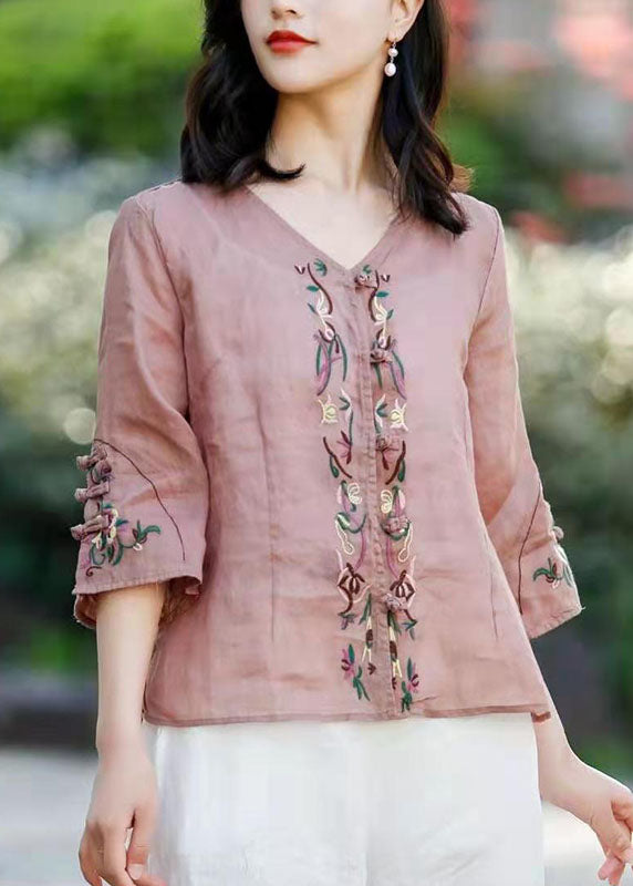 Plus size Pink button Linen Shirt Tops Three Quarter sleeve