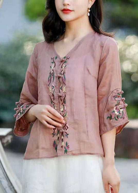 Plus size Pink button Linen Shirt Tops Three Quarter sleeve