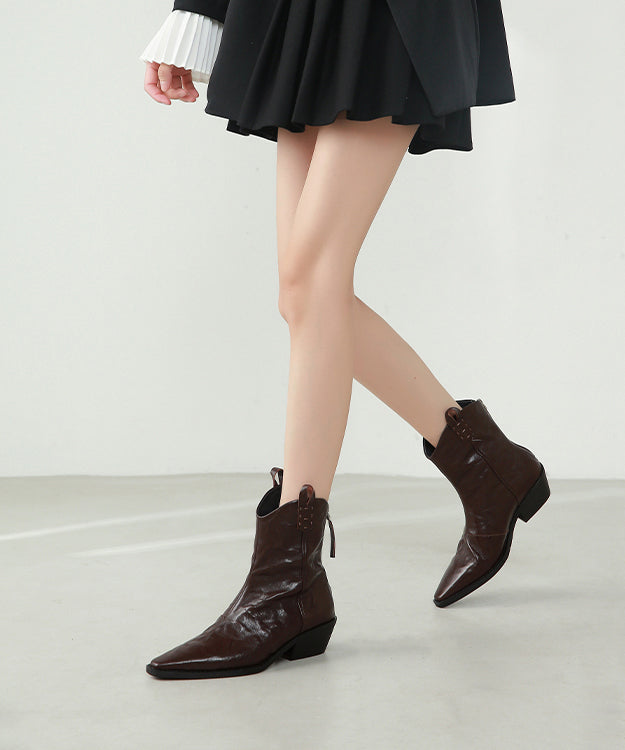 Pointed Toe Italian Chunky Boots Coffee Sheepskin