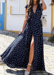 Polka Dots V-neck Short Sleeve Print Split Party Wrap Maxi Dress