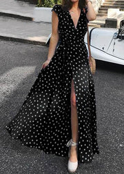 Polka Dots V-Ausschnitt Kurzarm Print Split Party Wrap Maxikleid