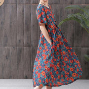 Plus Size - Print Cotton Linen Loose A-Line Dress - bagstylebliss