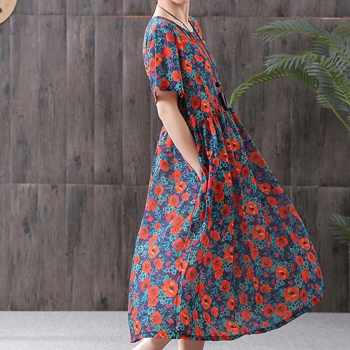 Plus Size - Print Cotton Linen Loose A-Line Dress - bagstylebliss