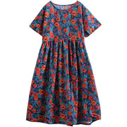 Plus Size - Print Cotton Linen Loose A-Line Dress - bagstylebliss