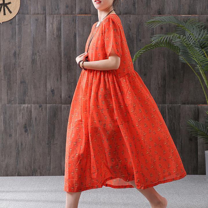 Plus Size - Print Cotton Linen Loose A-Line Dress - bagstylebliss