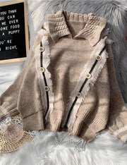 Pullover beige crane tops lapel asymmetric plus size knitted blouse - bagstylebliss