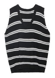 Pullover black striped knit blouse v neck sleeveless knit tops - bagstylebliss