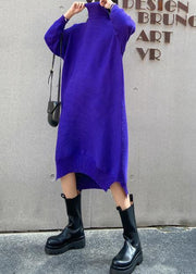 Pullover blue Sweater dress outfit Street Style high neck low high design baggy fall knitted dress - bagstylebliss