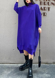 Pullover blue Sweater dress outfit Street Style high neck low high design baggy fall knitted dress - bagstylebliss