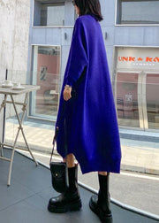 Pullover blue Sweater dress outfit Street Style high neck low high design baggy fall knitted dress - bagstylebliss