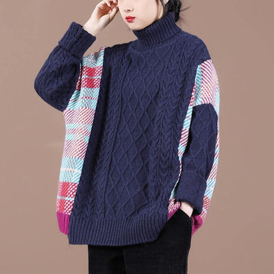 Pullover blue plaid knit tops spring fashion high neck knit blouse - bagstylebliss