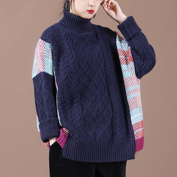 Pullover blue plaid knit tops spring fashion high neck knit blouse - bagstylebliss