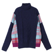 Pullover blue plaid knit tops spring fashion high neck knit blouse - bagstylebliss
