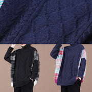 Pullover blue plaid knit tops spring fashion high neck knit blouse - bagstylebliss