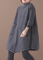 Pullover blue striped knitwear oversize high neck asymmetric knit tops - bagstylebliss