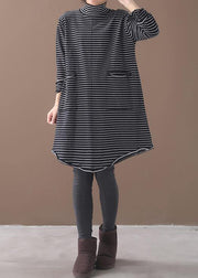 Pullover blue striped knitwear oversize high neck asymmetric knit tops - bagstylebliss