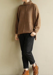 Pullover brown clothes For Women patchwork casual Turtleneck knit tops - bagstylebliss