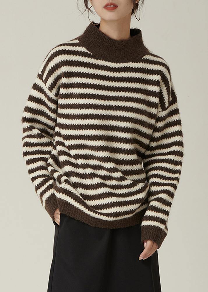 Pullover fall brown striped knit tops Loose fitting high neck knitted pullover - bagstylebliss