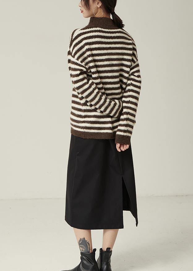 Pullover fall brown striped knit tops Loose fitting high neck knitted pullover - bagstylebliss