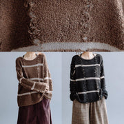 Pullover fall chocolate striped knit sweat tops o neck Sweater Blouse - bagstylebliss