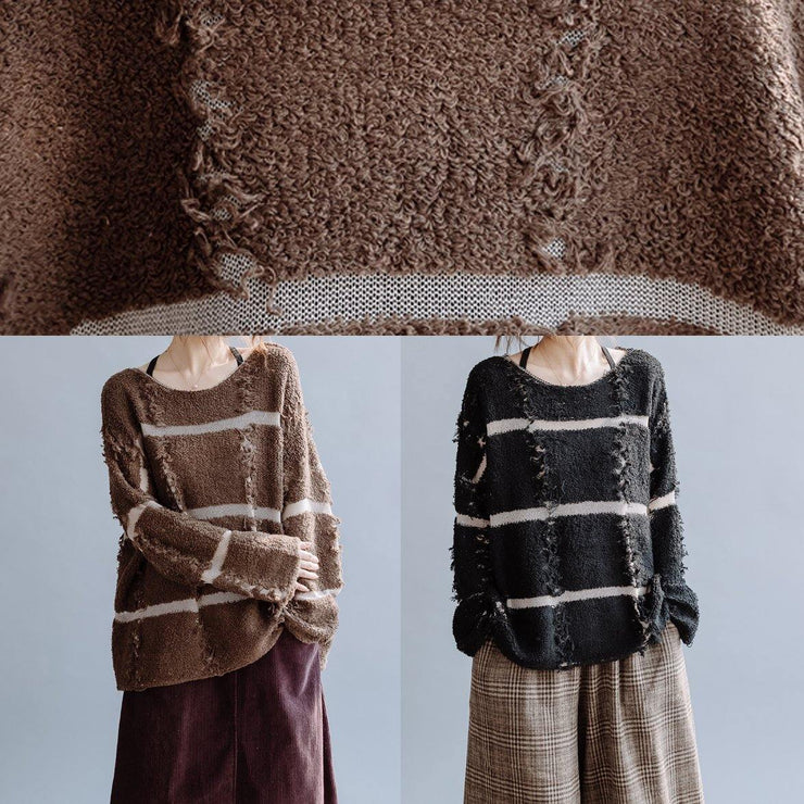 Pullover fall chocolate striped knit sweat tops o neck Sweater Blouse - bagstylebliss