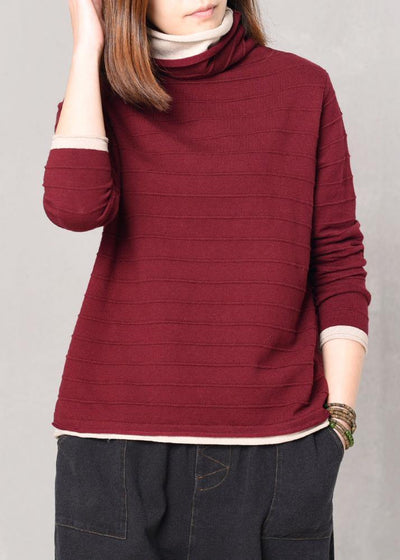 Pullover hige neck knitted tops oversize false two pieces patchwork color sweater red - bagstylebliss