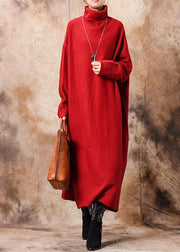 Pullover high neck Sweater dresses plus size red Hipster knitted tops fall - bagstylebliss