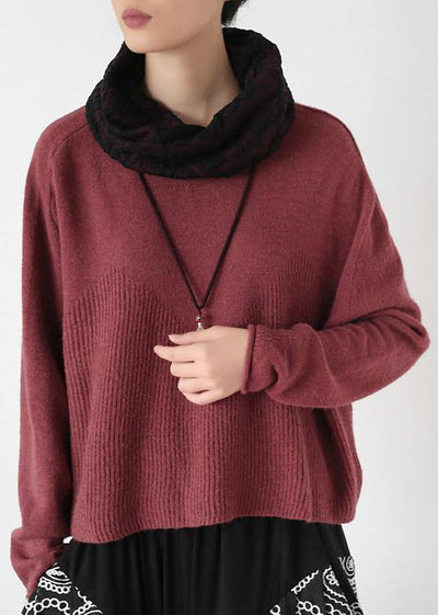 Pullover high neck red knit sweat tops trendy plus size Batwing Sleeve clothes - bagstylebliss