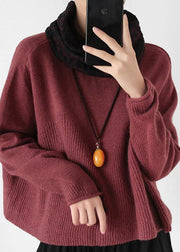 Pullover high neck red knit sweat tops trendy plus size Batwing Sleeve clothes - bagstylebliss