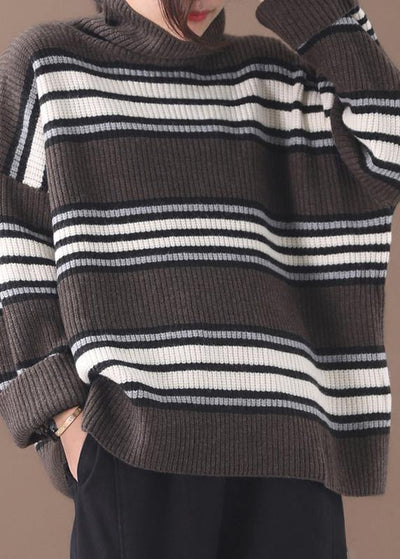 Pullover khaki striped knitted clothes plus size winter knitted blouse high neck - bagstylebliss