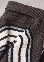 Pullover khaki striped knitted clothes plus size winter knitted blouse high neck - bagstylebliss