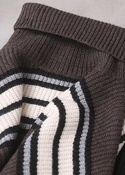 Pullover khaki striped knitted clothes plus size winter knitted blouse high neck - bagstylebliss