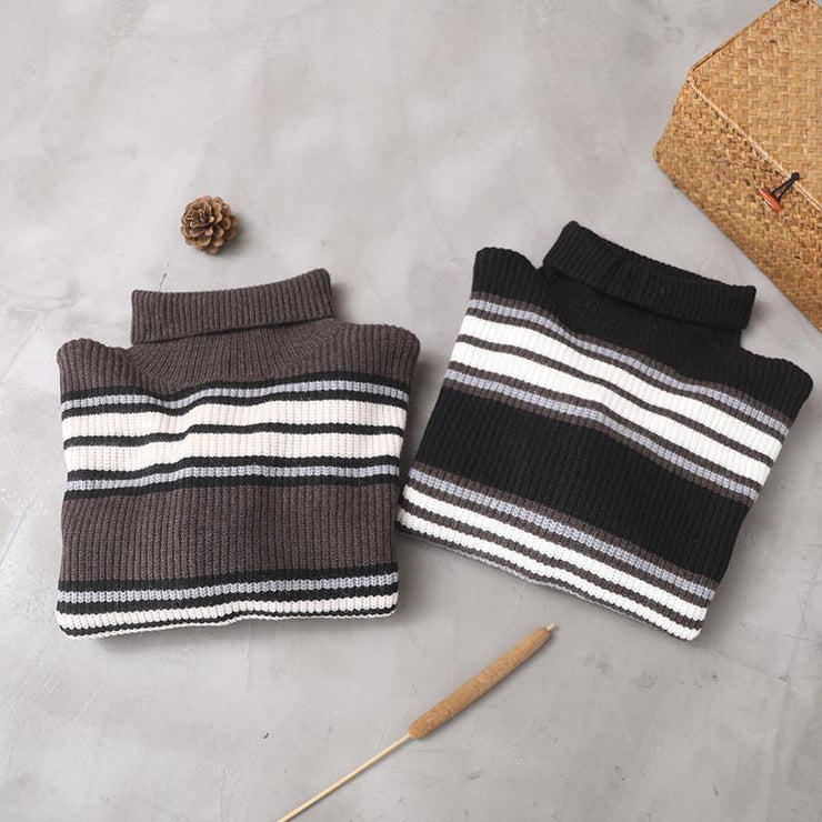 Pullover khaki striped knitted clothes plus size winter knitted blouse high neck - bagstylebliss