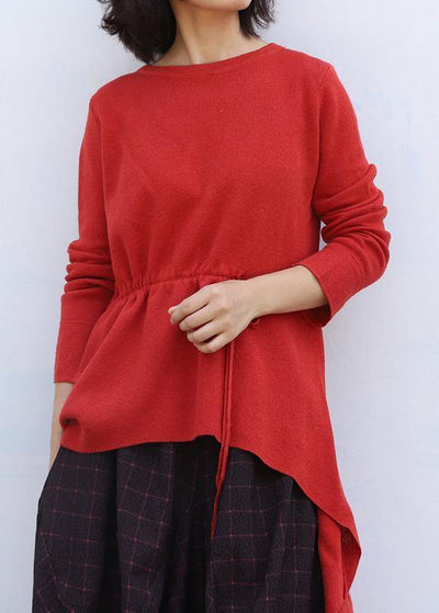 Pullover o neck red knit tops plus size drawstring asymmetric crane tops - bagstylebliss