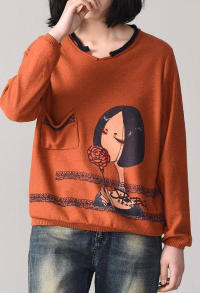 Pullover orange Cartoon print knit blouse fall fashion  knitwear pockets - bagstylebliss