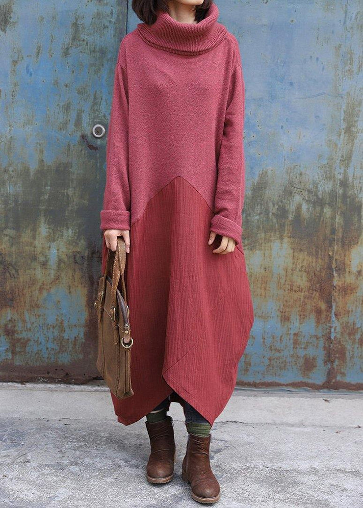 Pullover patchwork Sweater high neck dress outfit Design red Mujer sweater dress - bagstylebliss