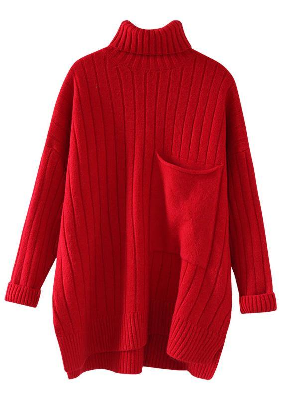 Pullover red clothes For Women one big pockets Loose fitting high neck knitwear - bagstylebliss