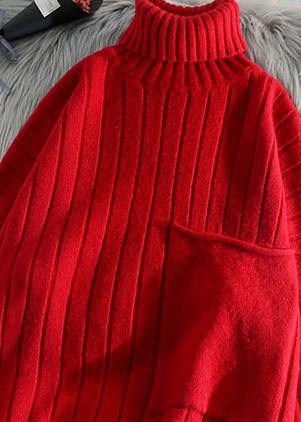 Pullover red clothes For Women one big pockets Loose fitting high neck knitwear - bagstylebliss