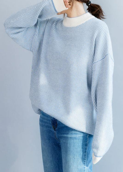 Pullover winter blue white striped knit sweat tops casual high neck crane tops - bagstylebliss